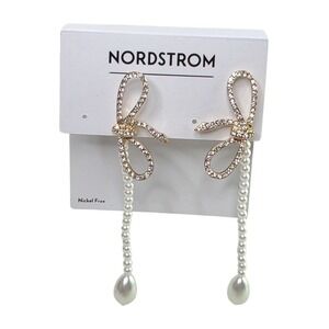 Nordstrom Bow Dangle Pearl Drop Earrings Sparkle Gold Tone Evening Formal‎
